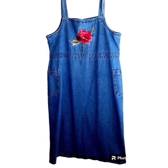Sunshine Apparel Women 1X Blue Jean Denim Overall Dress Pockets Embroidered Rose - Picture 1 of 12